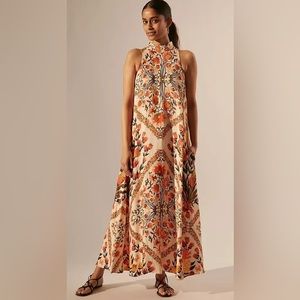 Farm Rio Halter Maxi Dress Anthropologie Floral Boho Scarf Size M Pockets Flowy